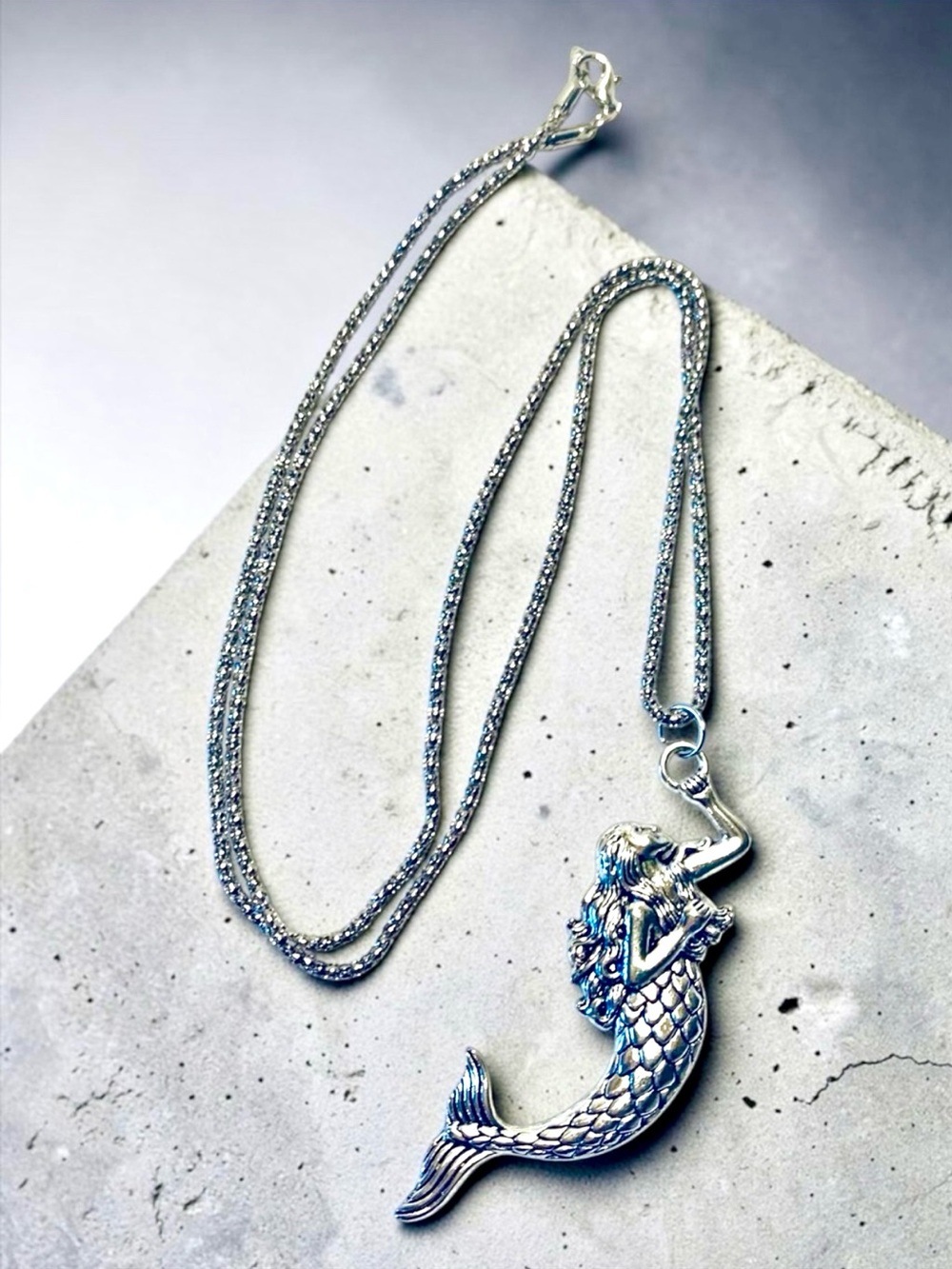 Sterling Silver-Tone Mermaid Pendant Necklace - Silver. Handmade - Picture 6 of 9